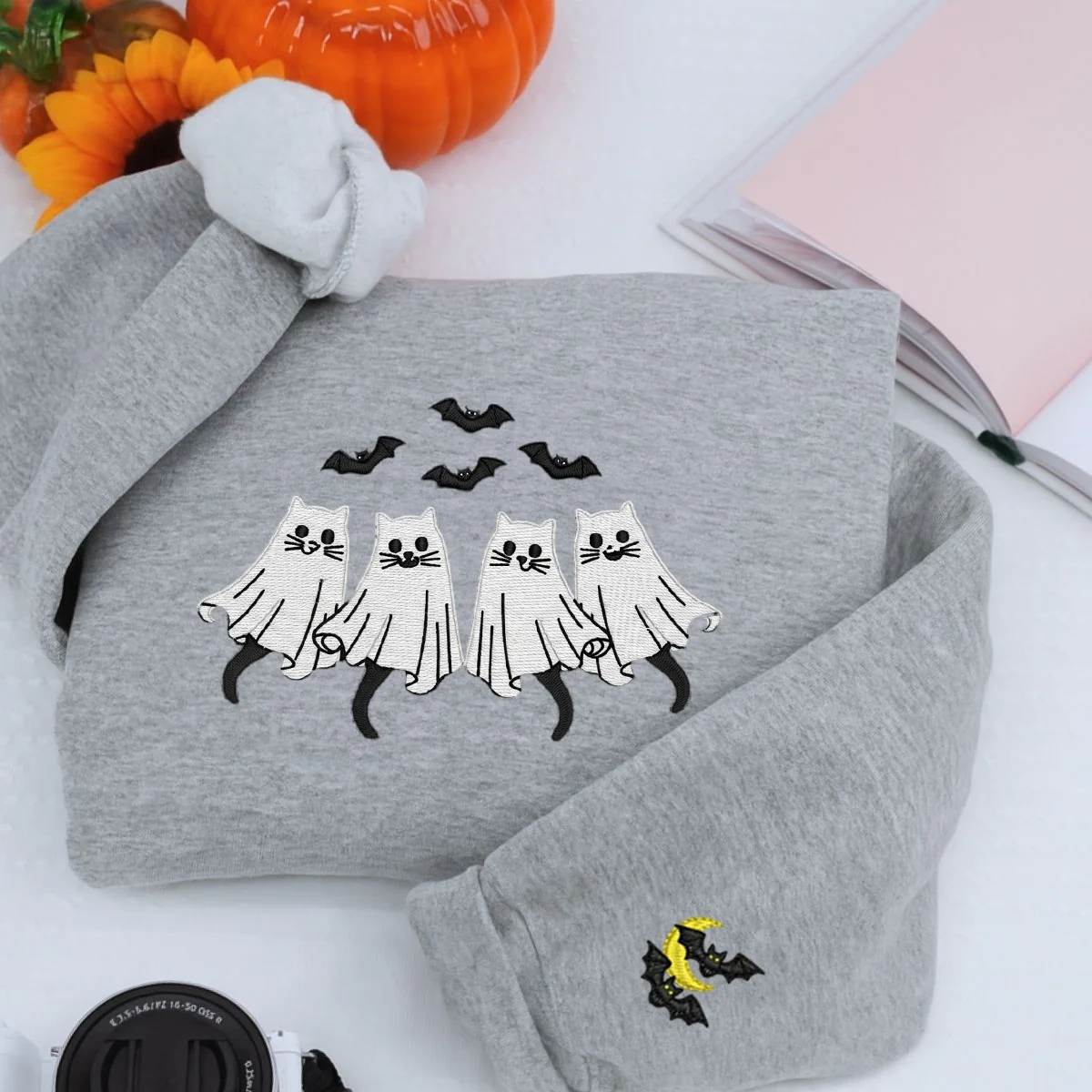 Spooky Cat Halloween Hoodie - Cat Ghost Embroidered Sweatshirt - Cat Parent Halloween Apparel - Image 2