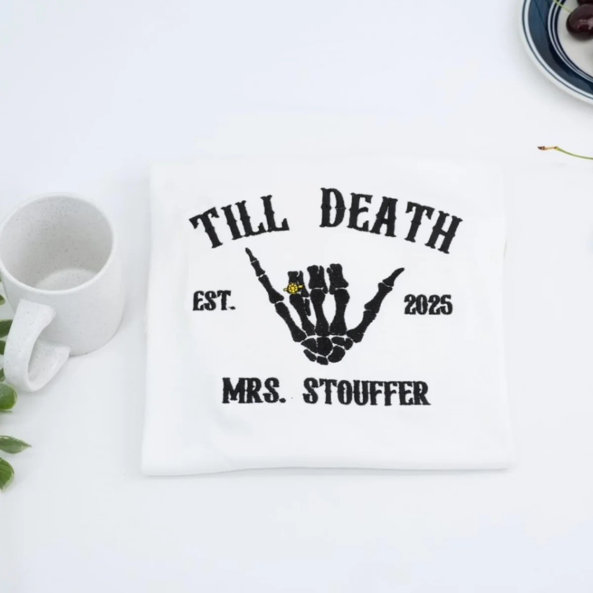 Till Death Custom Couple Hoodies - Mr Mrs Skeleton Hand Embroidered Sweatshirts - Gothic Anniversary Gift - Image 3