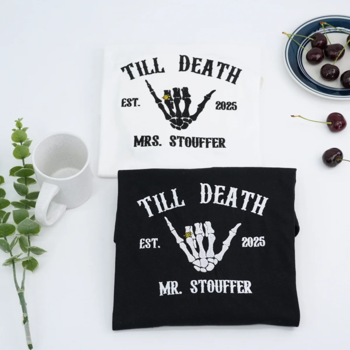 Till Death Custom Couple Hoodies - Mr Mrs Skeleton Hand Embroidered Sweatshirts - Gothic Anniversary Gift - Image 4