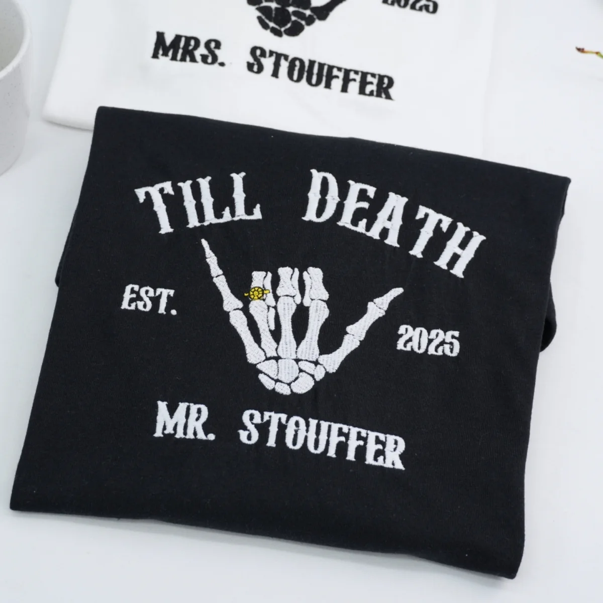Till Death Custom Couple Hoodies - Mr Mrs Skeleton Hand Embroidered Sweatshirts - Gothic Anniversary Gift - Image 5
