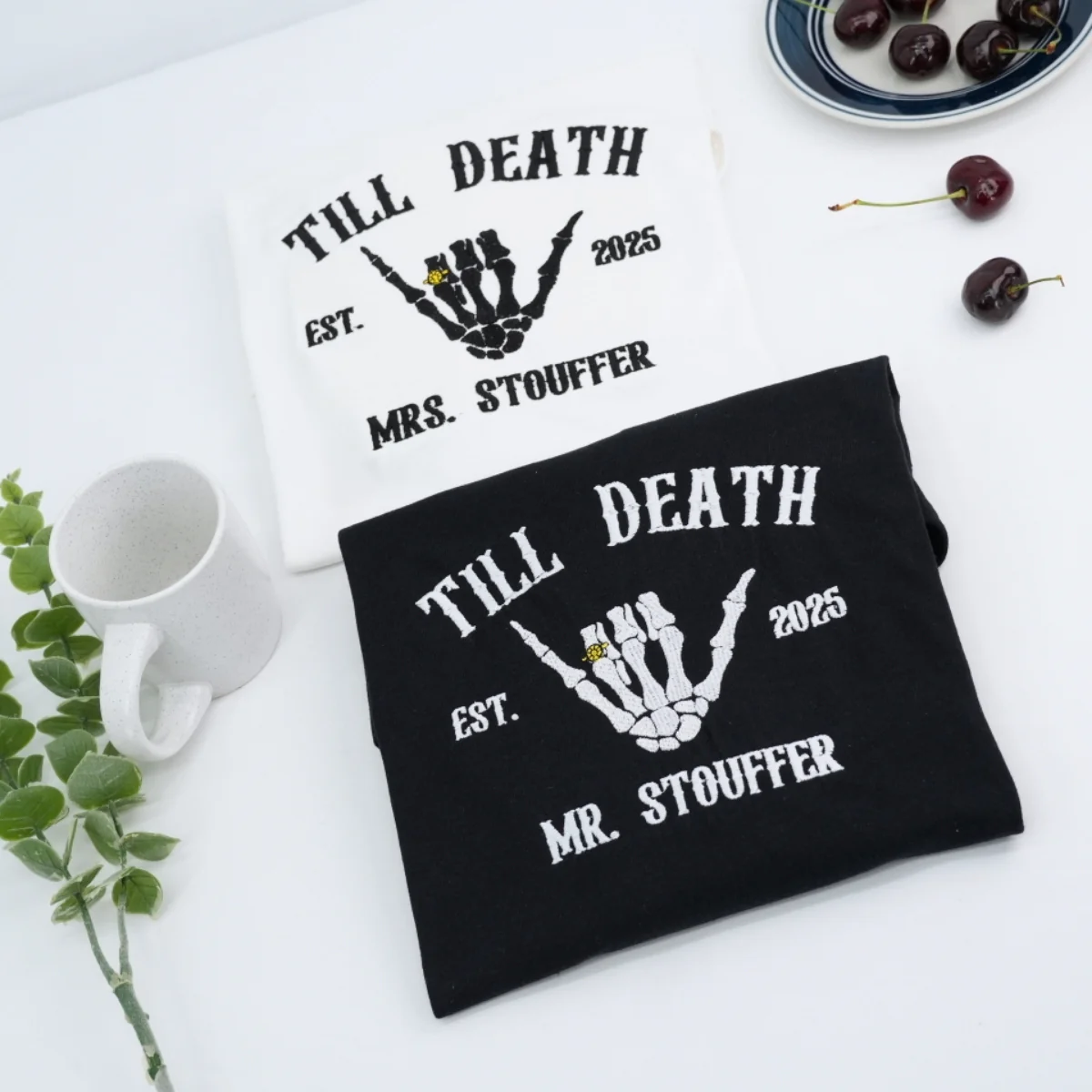 Till Death Custom Couple Hoodies - Mr Mrs Skeleton Hand Embroidered Sweatshirts - Gothic Anniversary Gift - Image 6