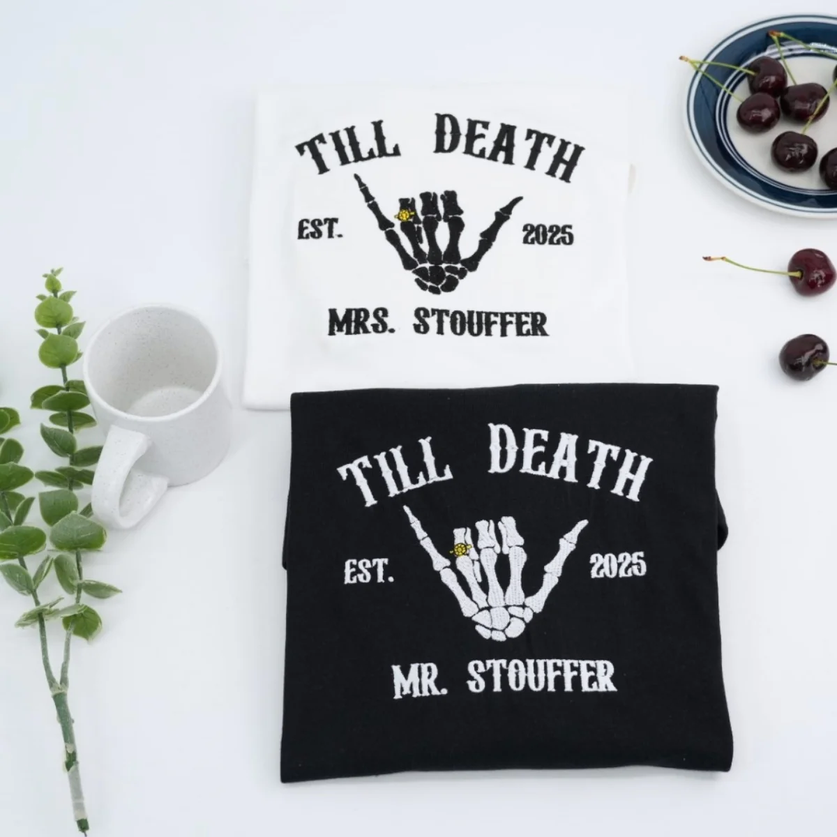 Till Death Custom Couple Hoodies - Mr Mrs Skeleton Hand Embroidered Sweatshirts - Gothic Anniversary Gift - Image 7