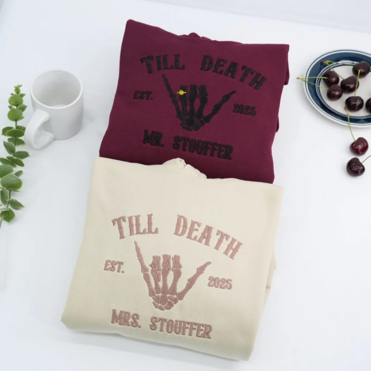 Till Death Wedding Ring Couple Hoodies - Mr Mrs Skeleton Hand Embroidered Sweatshirts - Gothic Marriage Gift - Image 3