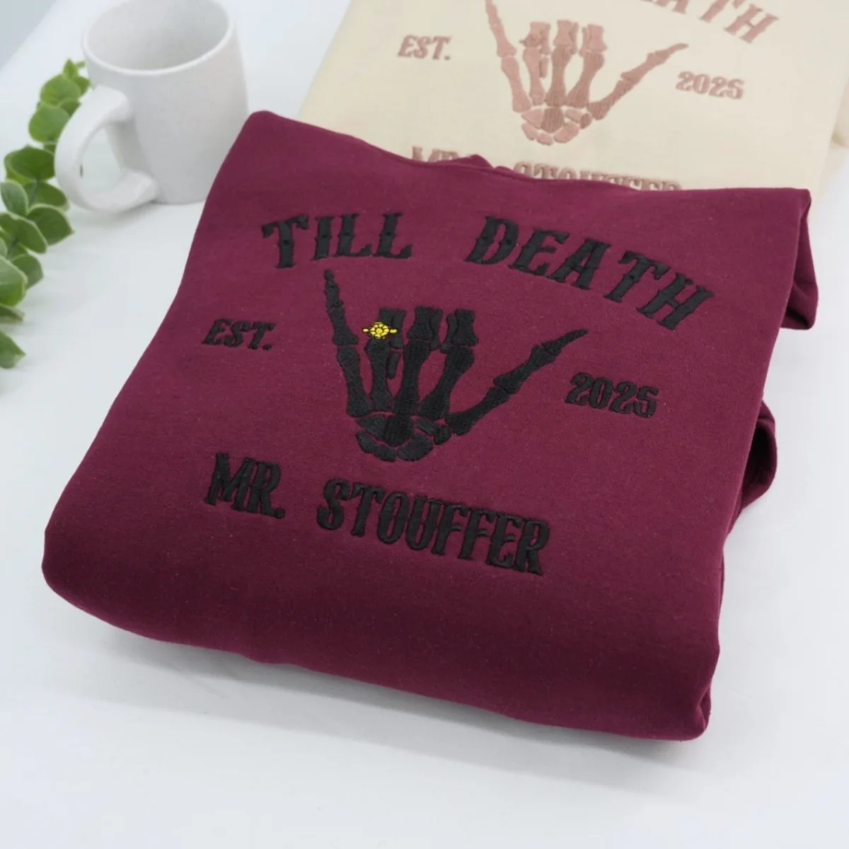Till Death Wedding Ring Couple Hoodies - Mr Mrs Skeleton Hand Embroidered Sweatshirts - Gothic Marriage Gift - Image 4
