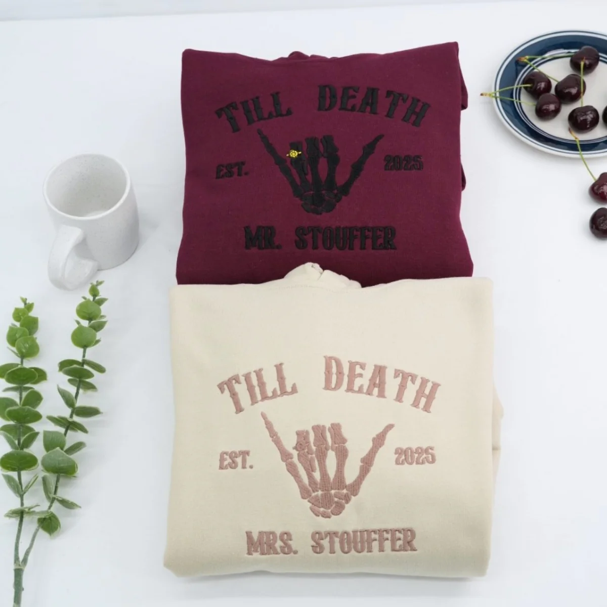 Till Death Wedding Ring Couple Hoodies - Mr Mrs Skeleton Hand Embroidered Sweatshirts - Gothic Marriage Gift - Image 5