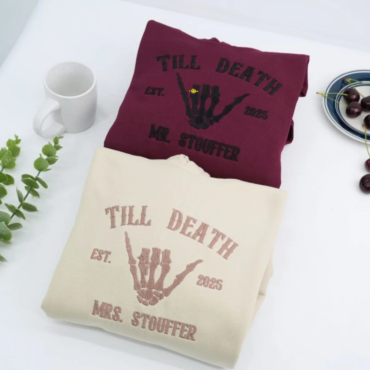 Till Death Wedding Ring Couple Hoodies - Mr Mrs Skeleton Hand Embroidered Sweatshirts - Gothic Marriage Gift - Image 6