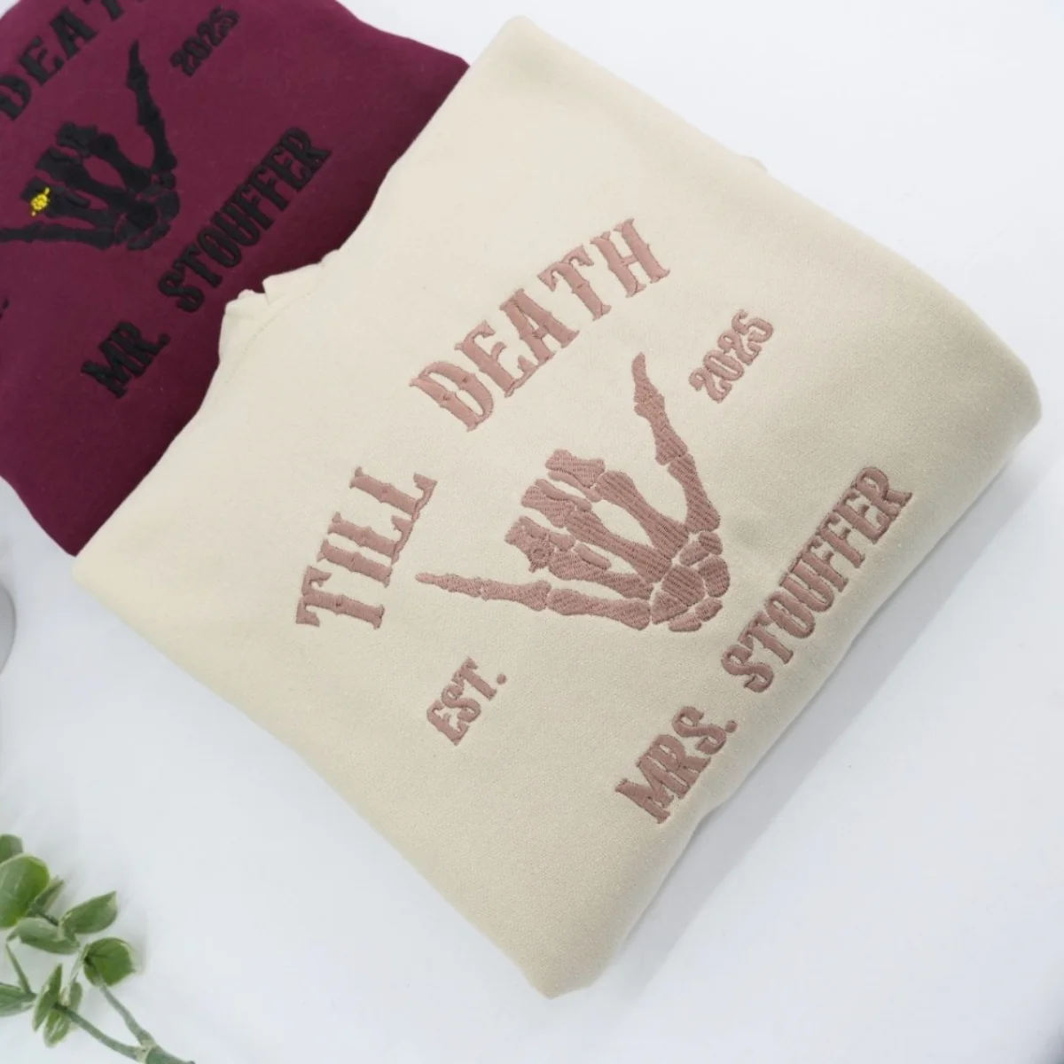 Till Death Wedding Ring Couple Hoodies - Mr Mrs Skeleton Hand Embroidered Sweatshirts - Gothic Marriage Gift - Image 7