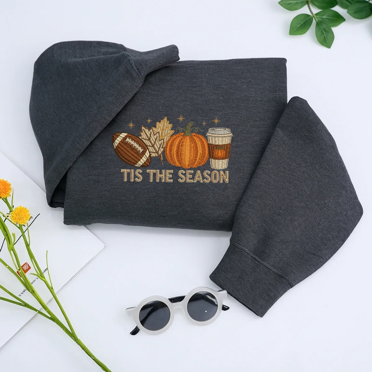 Tis The Season Fall Hoodies - Football Pumpkin Spice Embroidered Sweatshirts - Perfect Autumn Gift - Image 3