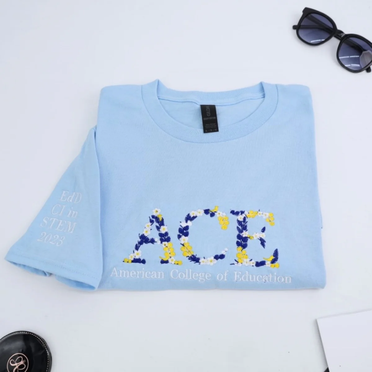 University Custom T-Shirts - Floral Letter Embroidered College Colors - School Spirit Student Gift