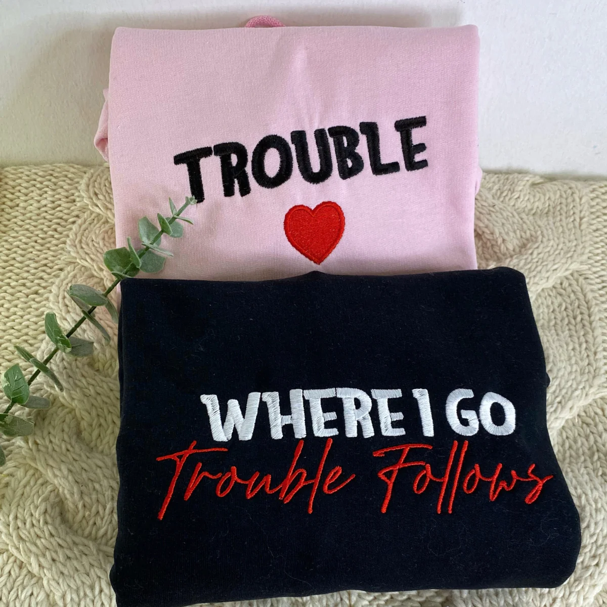 Where I Go Trouble Follows Custom Embroidered Matching Hoodies For Couples - Image 2