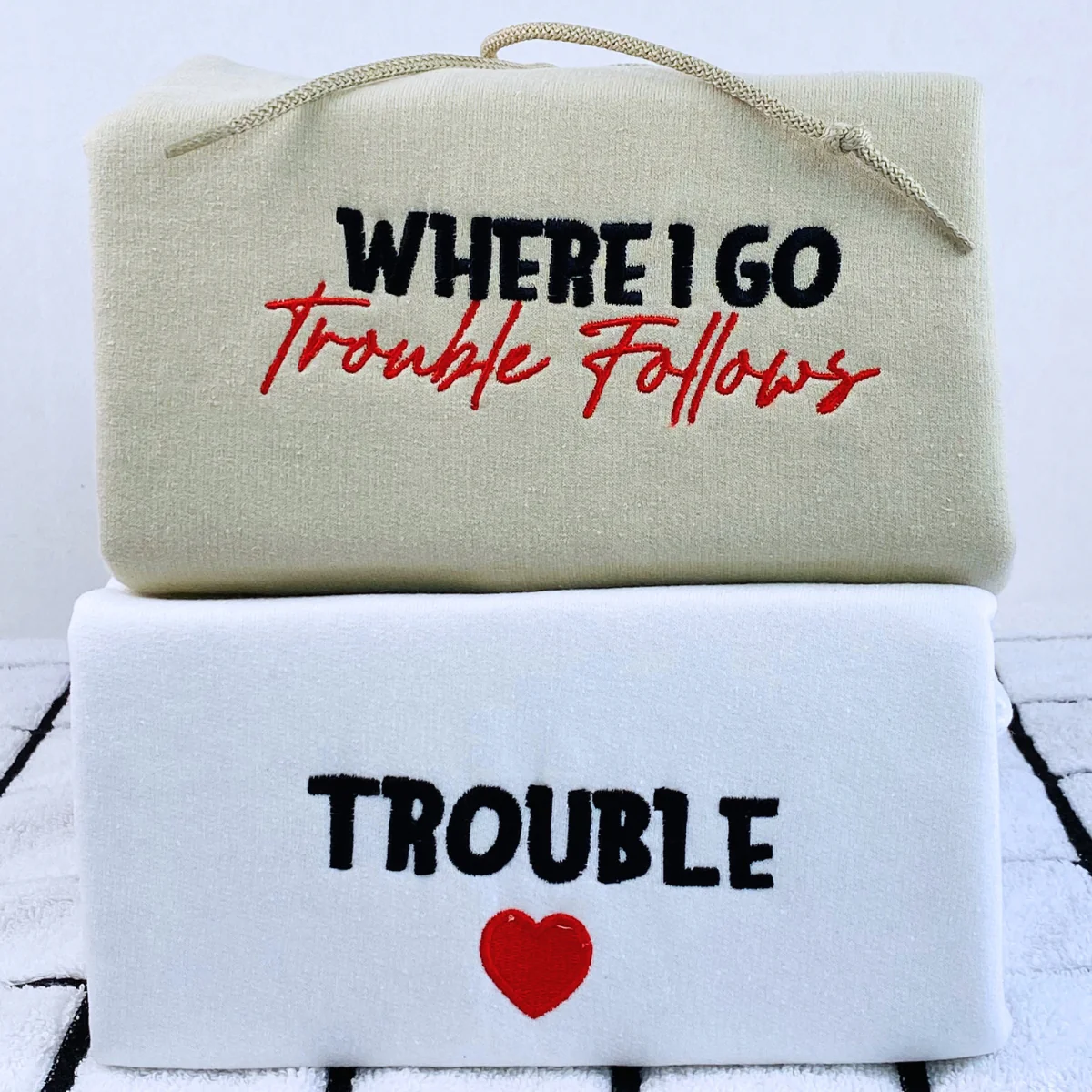 Where I Go Trouble Follows Custom Embroidered Matching Hoodies For Couples - Image 3